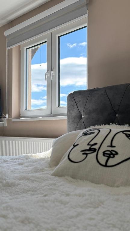 a bed with a pillow in front of a window at Apartman Ilić in Divčibare
