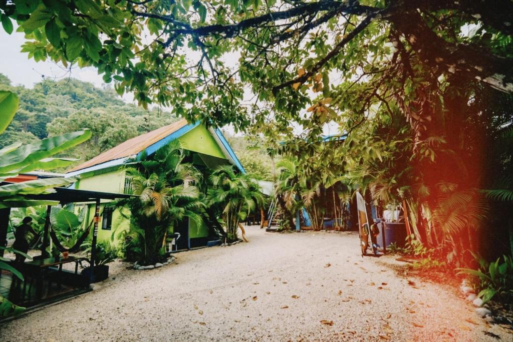 una casa con techo verde y azul y árboles en Surf Paradise, en Santa Teresa Beach