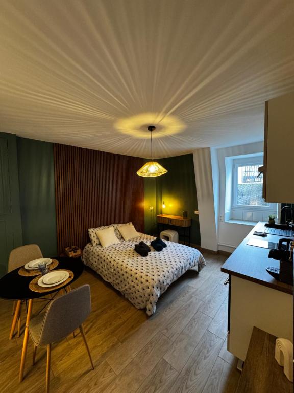 ブールジュにあるCharmant Appartement au Coeur de Bourges 25のベッドとテーブルとキッチンのある寝室