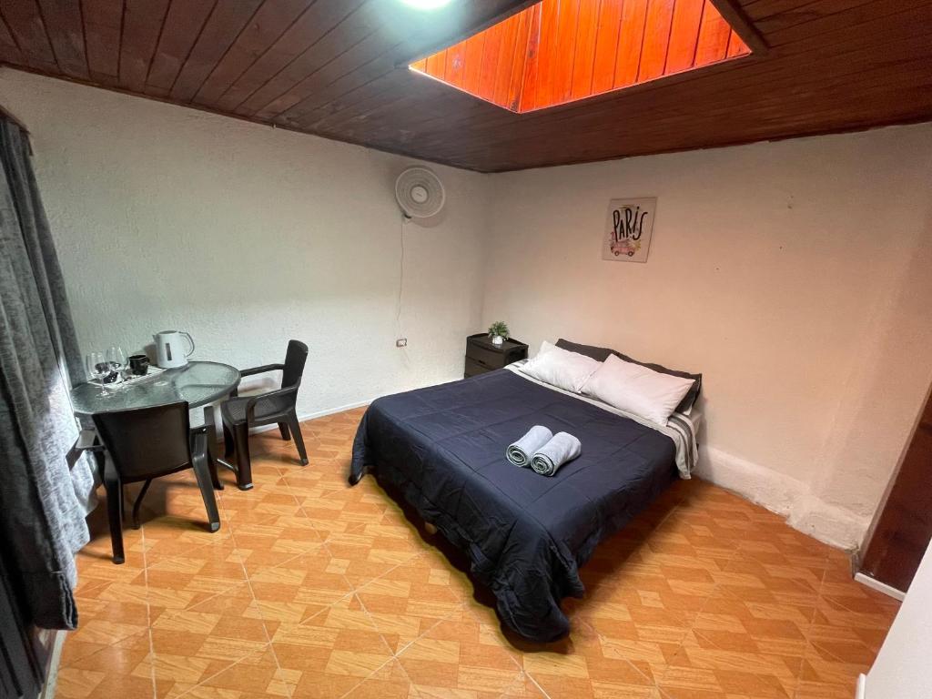 a bedroom with a bed and a table in it at Habitación doble en el centro con baño privado in Curicó