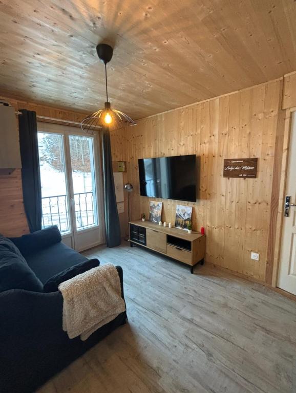 a living room with a couch and a flat screen tv at Lodge des Mélèzes in Ancelle