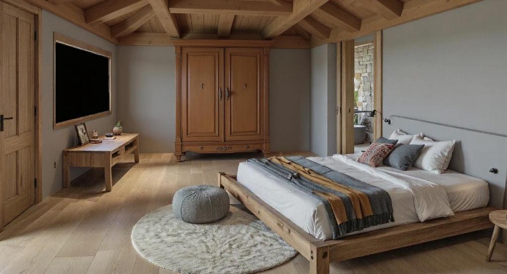 ein Schlafzimmer mit einem großen Bett und einem Fernseher in der Unterkunft Maisons Grandes Murailles in Valtournenche