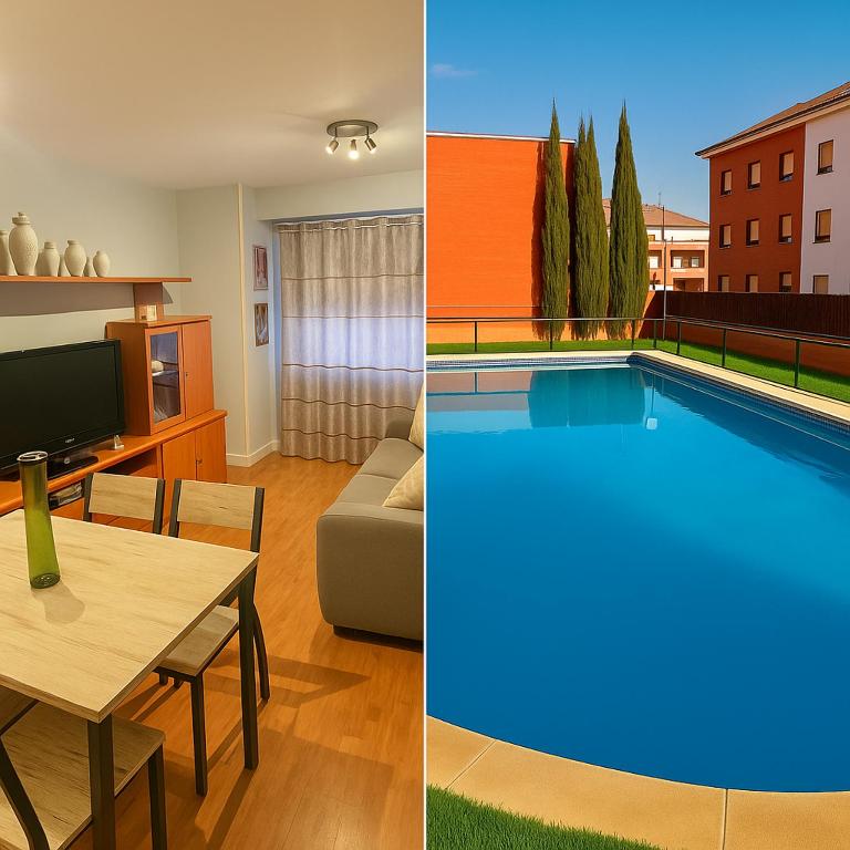 two pictures of a living room and a pool at Luxury A Huertas 143 in Tomelloso