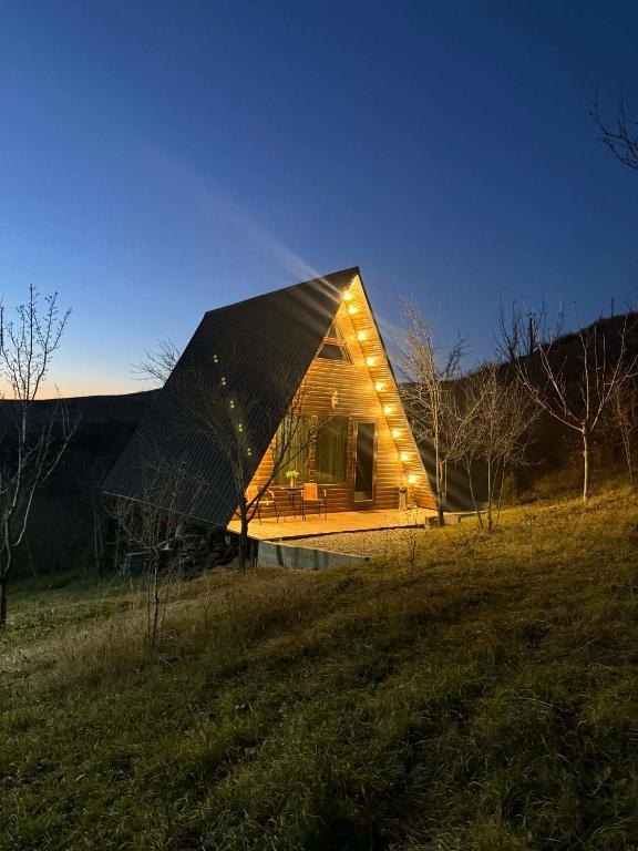 a house with a triangular roof in a field at Altimo კოტეჯი ალტიმო in Norio