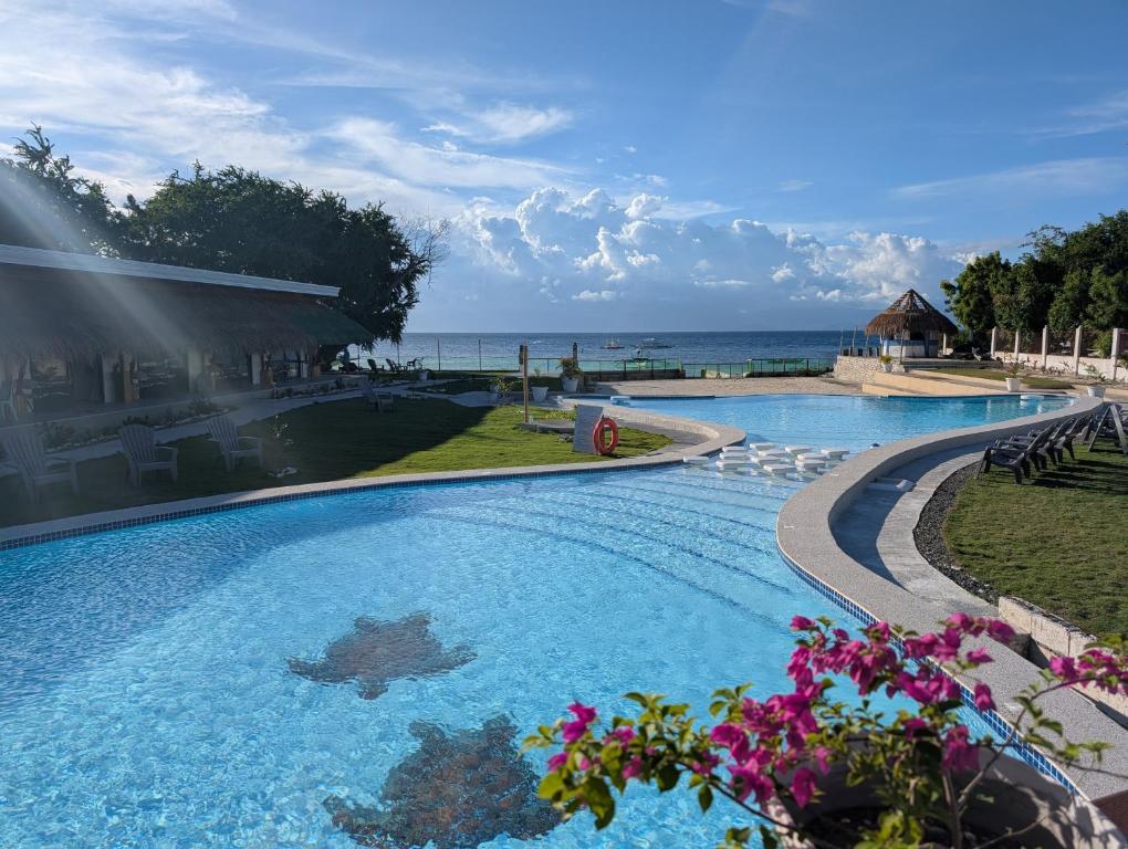 a large swimming pool with the ocean in the background at Banana Beach Club in Moalboal