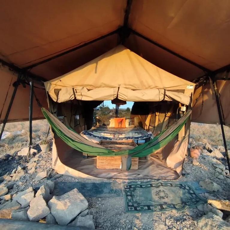 Maanzoni backpackers infinity camp grounds في Kenplains: خيمة مع أرجوحة في المنتصف