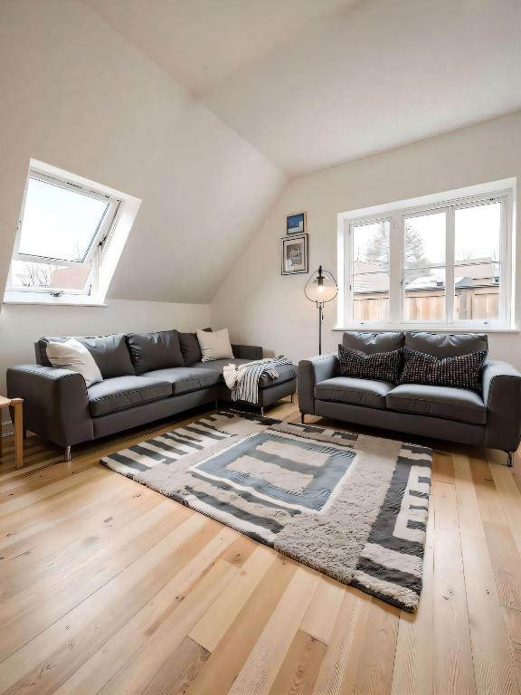 スタヴァンゲルにあるStavanger Ultra Central Daliのソファとラグのあるリビングルーム