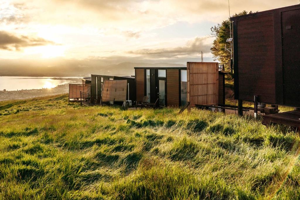 a row of tiny houses on a grassy field at Black Horse Cabin 4 by Tiny Away in Waitoki