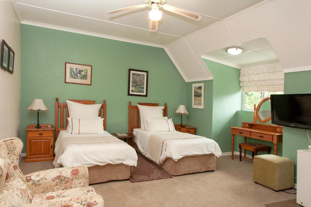 a green room with two beds and a tv at York House Guest House in Hillcrest