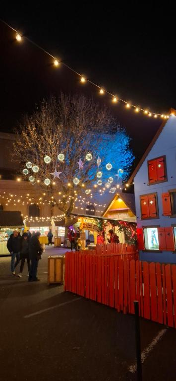 Un gruppo di persone che camminano per un mercato natalizio di notte di Le Square Inn a Turckheim