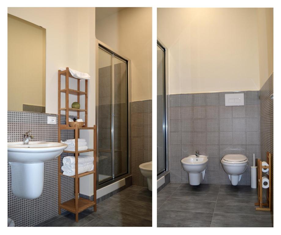 two pictures of a bathroom with a sink and a toilet at B&B Stazione Dittaino in Assoro