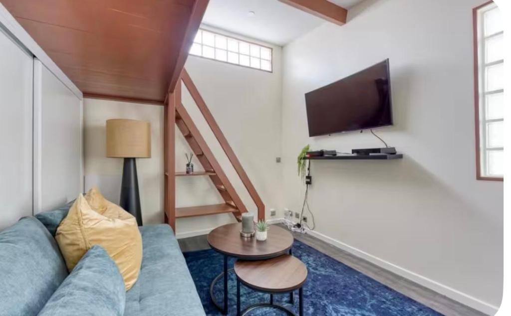 een woonkamer met een blauwe bank en een tv bij Studio Cosy RerA bord de Marne in Nogent-sur-Marne