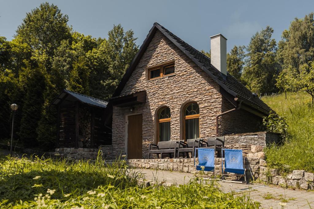 een oud stenen huis met twee blauwe borden ervoor. bij Agroturystyka Monte Luna in Czarnów