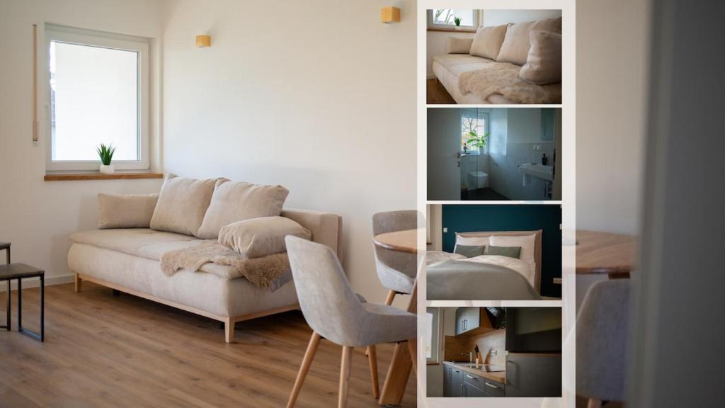 Best Stay Rhöner Gemütlichkeit Dietershausen في كنوزيل: ملصق بصور غرفة معيشة مع أريكة