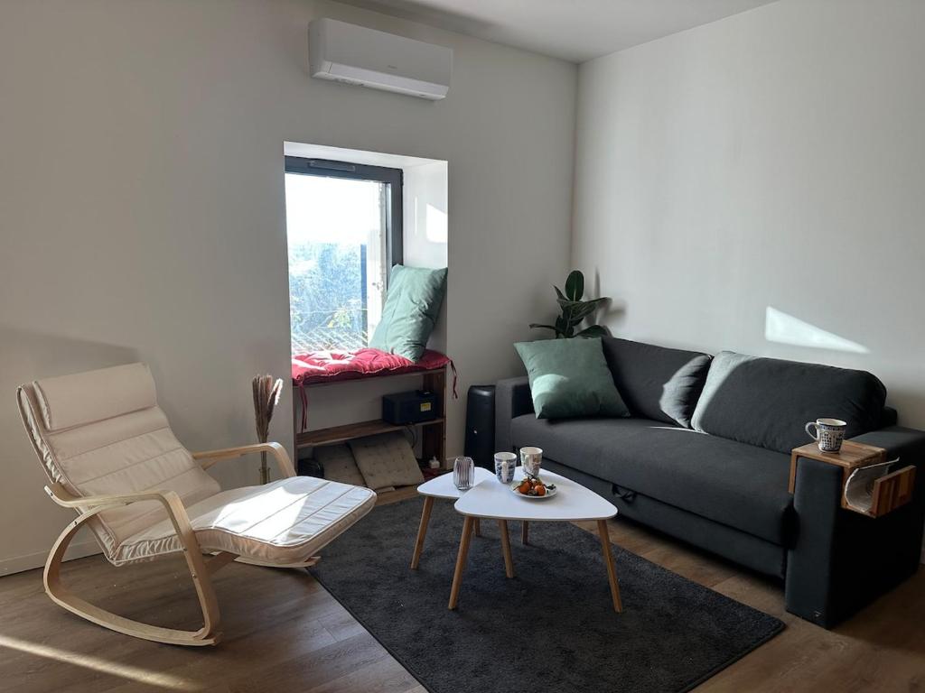 a living room with a couch and a table at Maison avec jardin, wifi, parking, vidéo projecteur in Tulle