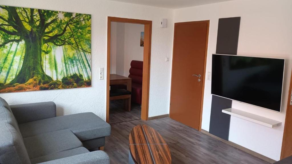 a living room with a couch and a flat screen tv at Walldürn Zentrum 1 in Walldürn