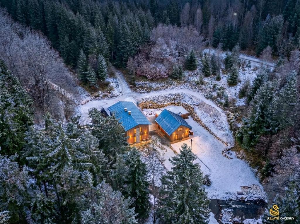 an aerial view of a house with a blue roof at U Zlaté Kačenky, wellness chalet in Dobřany
