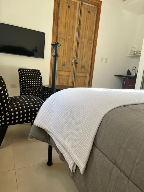 een slaapkamer met een bed en 2 stoelen en een televisie bij Farrell Suite Casco Historico in San Antonio de Areco