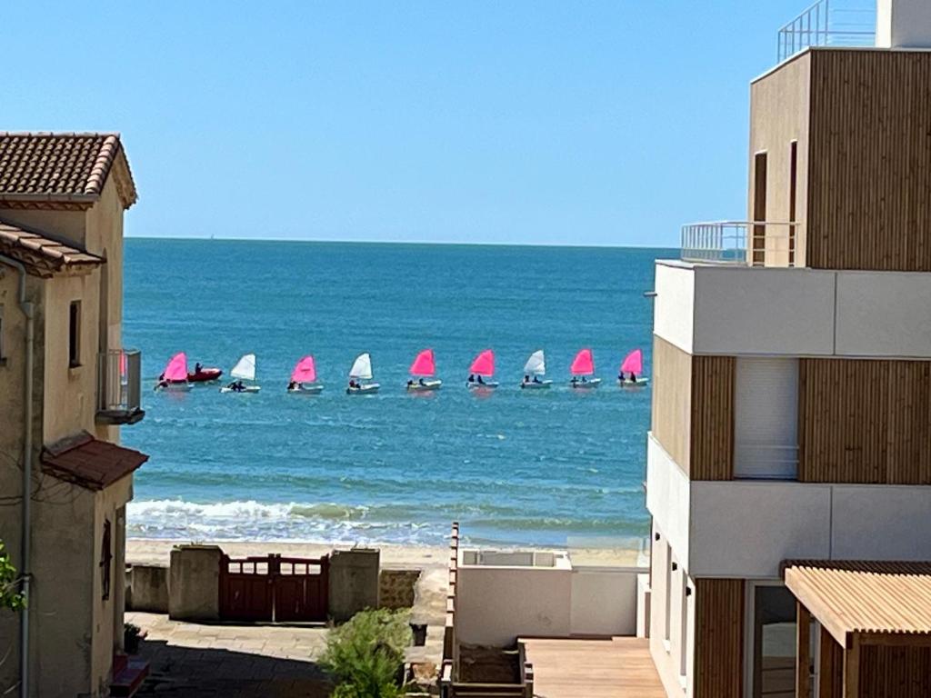 Un grupo de barcos en el océano con veleros rosas. en Brise Marine - Appartement 2 chambres avec balcon, vue mer & parking privé à 30 m de la plage, en Palavas-les-Flots