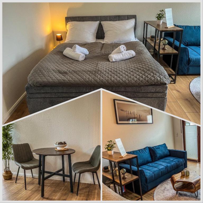 two pictures of a bedroom with a bed and a living room at Ruhiges Wohnen nahe Berlin mit schneller S-Bahnanbindung -WLAN und Parkplatz in Bernau bei Berlin