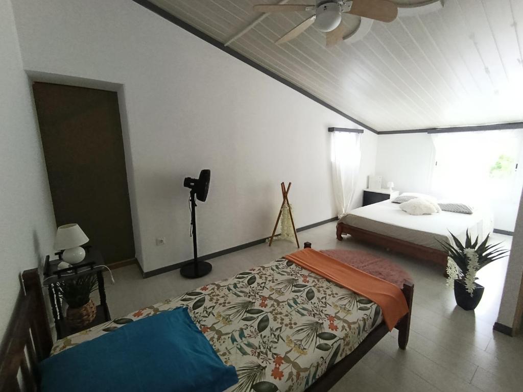a bedroom with a bed and a ceiling fan at kaz'manou in Saint-Benoît