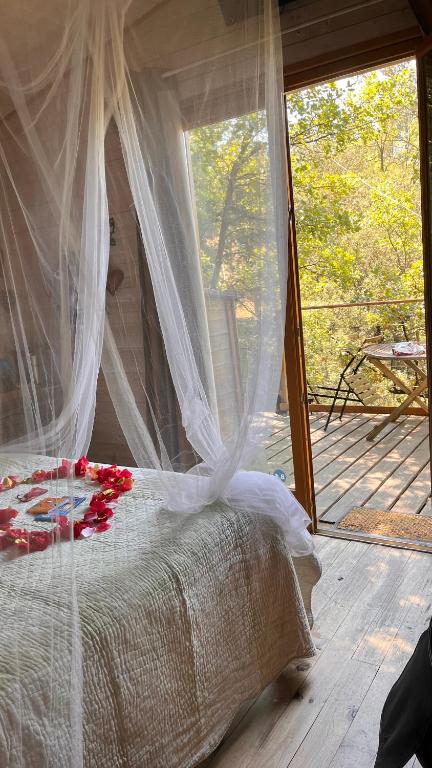 a bedroom with a bed with a canopy and a balcony at Cabane & Dîner Gourmet Inclus in Barjols