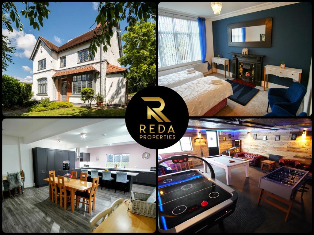 a collage of three pictures of a house at Northfield Cottage, Games & Arcade Room, Dog Friendly HS2, NEC, BHX, M42, Family Gatherings, Contractors, Hot Tube Hire Optional in Hampton in Arden