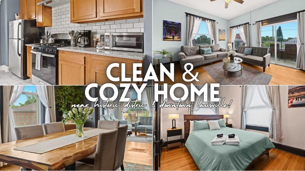 a collage of photos of a kitchen and a living room at Riverview Escape in Walkable Historic District in Jeffersonville