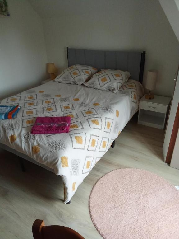 a bedroom with a large bed with a white comforter at Le gîte tranquille in Le Châtelet