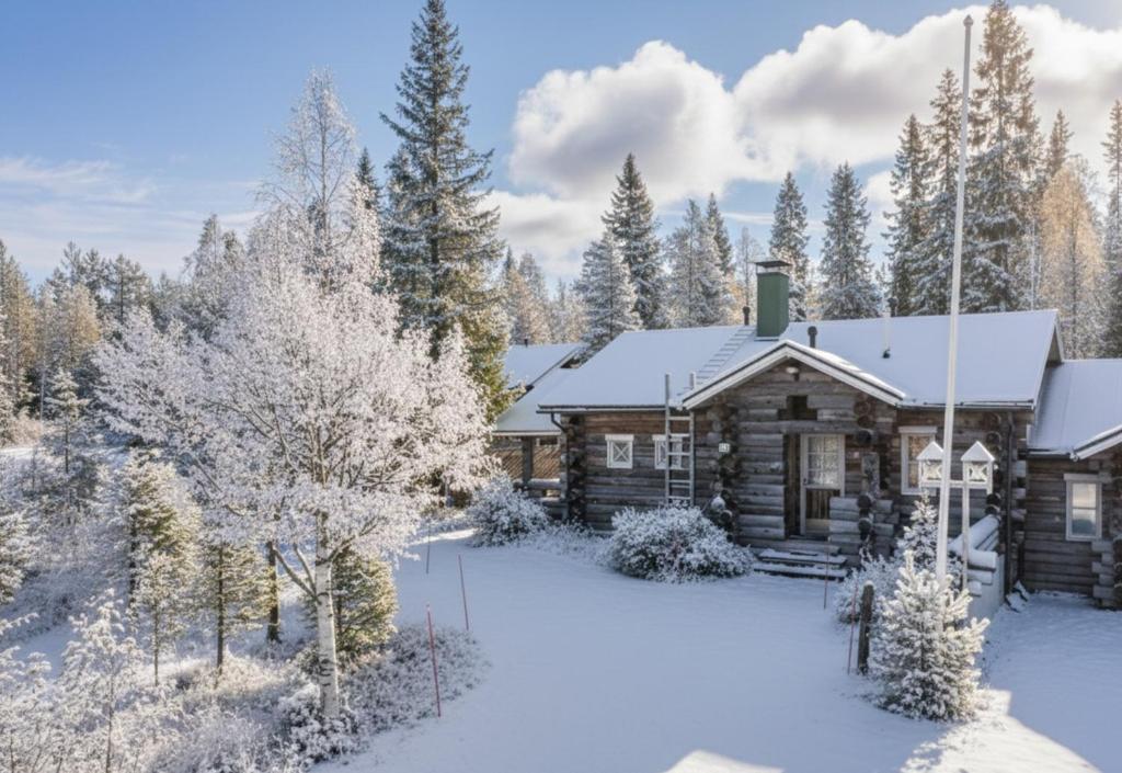a log cabin in the snow with trees at Villa Talvikolo - Spacious 2BR Cabin in Ruka with Private Sauna in Ruka