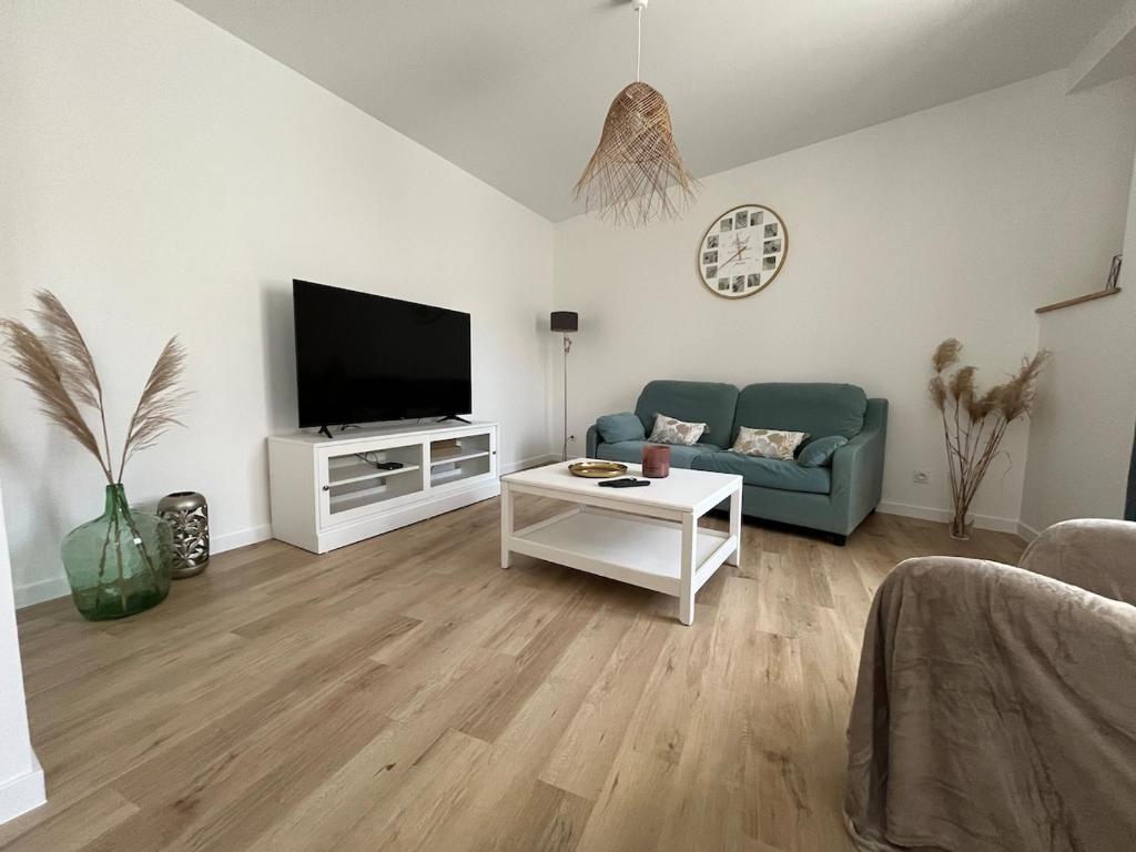 a living room with a couch and a tv at La maison du viaduc in Chauvigny