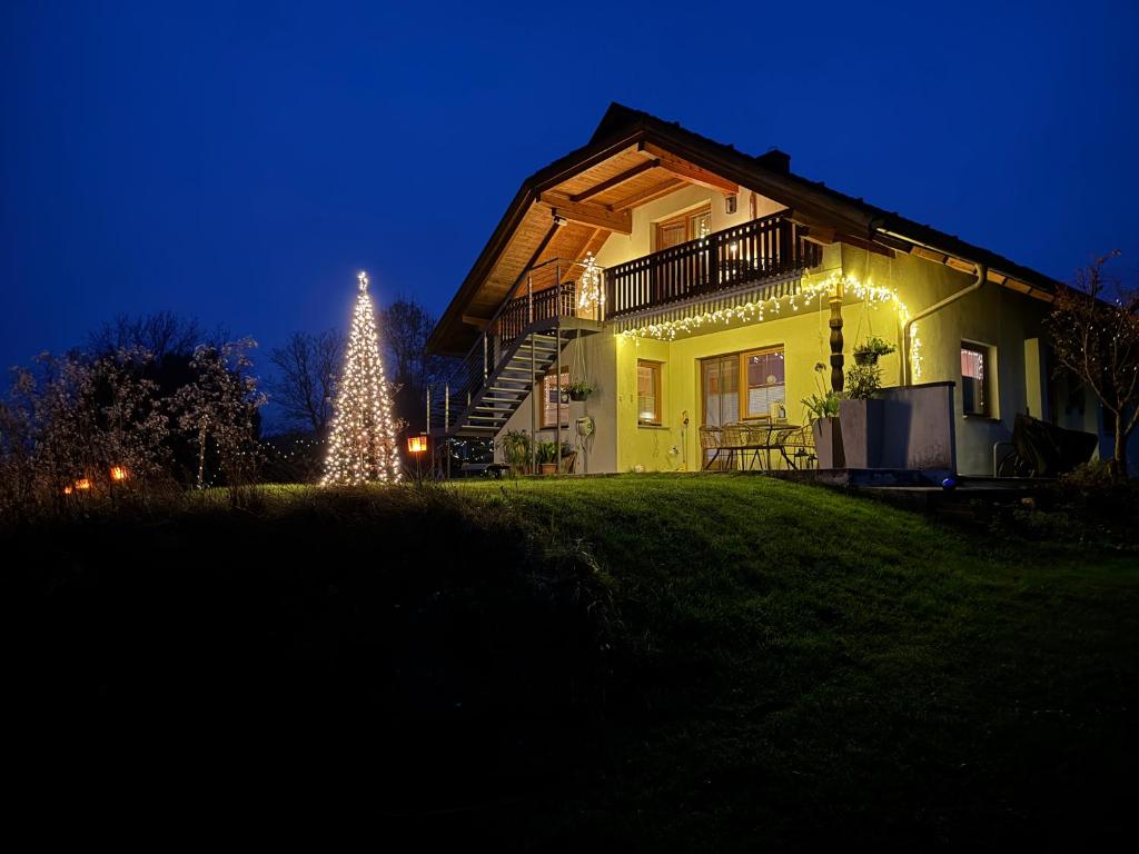 a christmas tree in front of a house at night at Danny's Wörtherseeblick in Schiefling am See