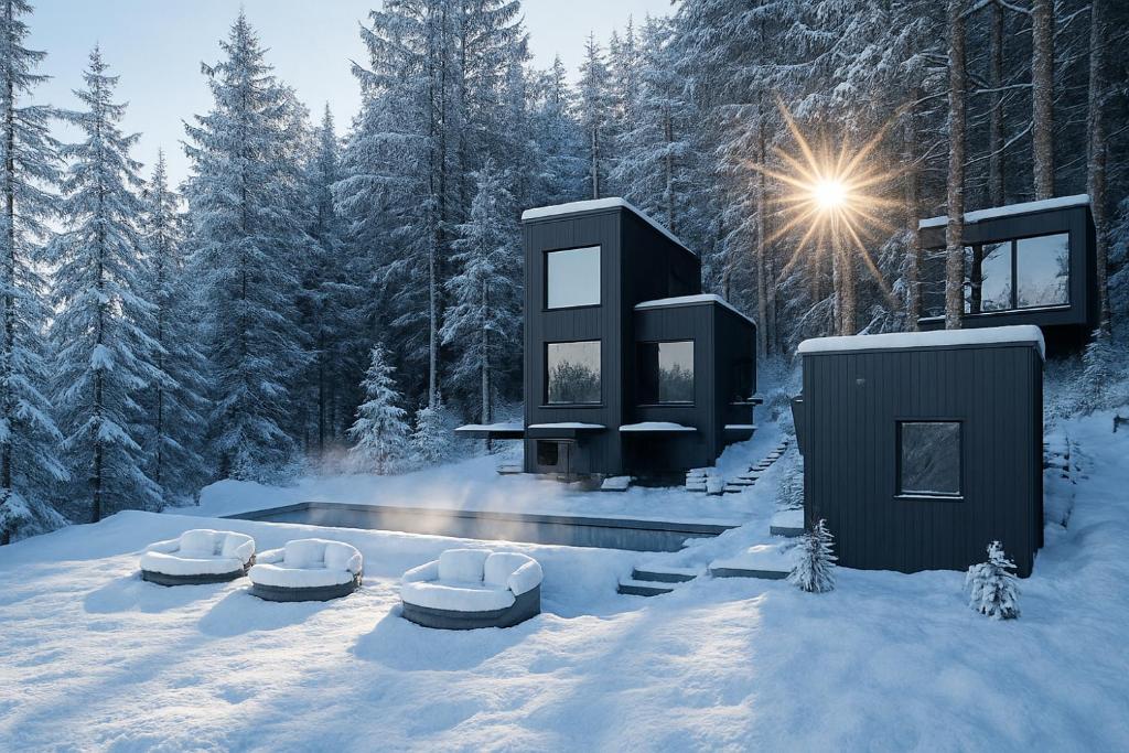 ファイステナウにあるHotel Fischerwirt Natur WaldSPAの雪中の木々の家