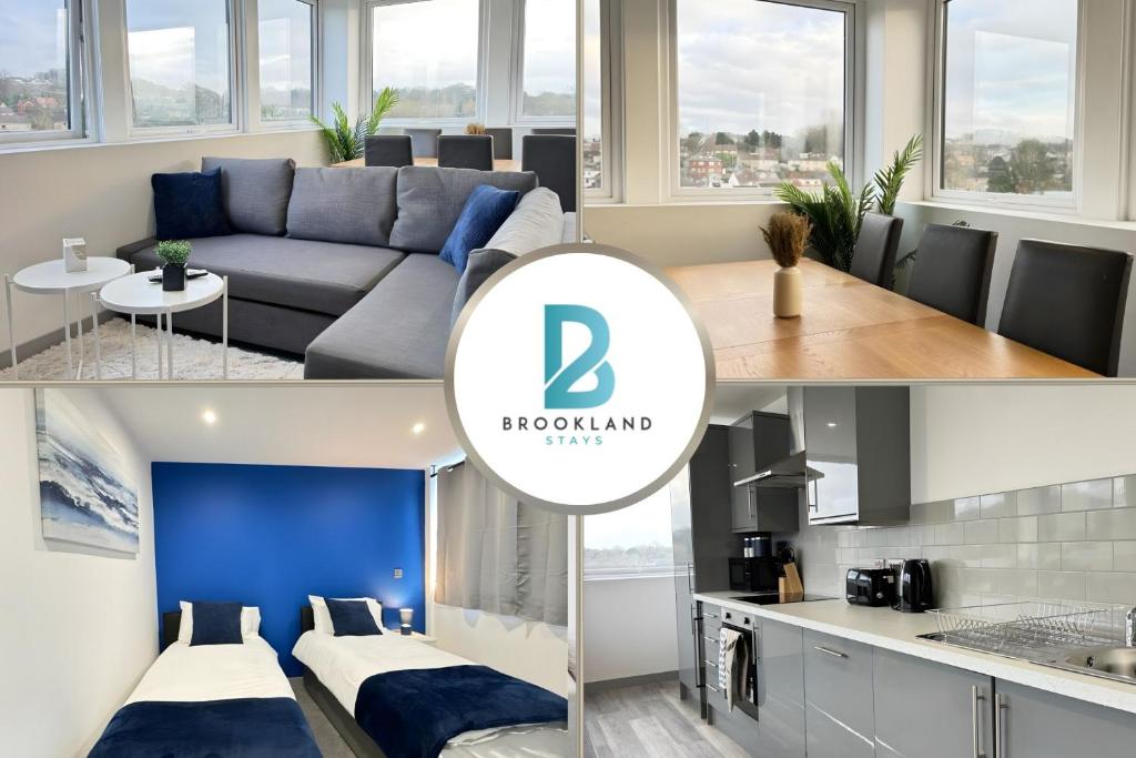 a collage of photos of a living room and a kitchen at Two Bedroom Flat by Brookland Stays Serviced Accommodation Short Lets Leeds with Free WiFi in Yeadon