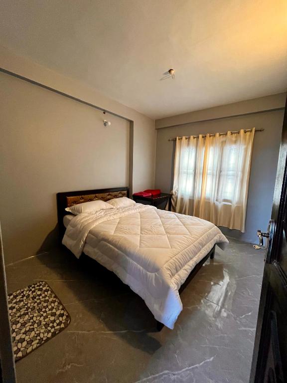 a bedroom with a large bed with a window at Amelie Apartments and Stay Inn in Pokhara