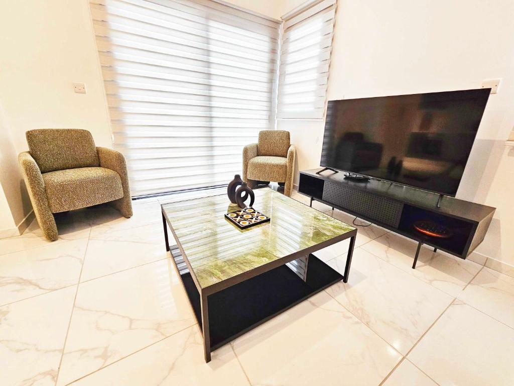 Alexander Residence Trikallon Str في نيقوسيا: غرفة معيشة فيها تلفزيون كبير و كرسيين
