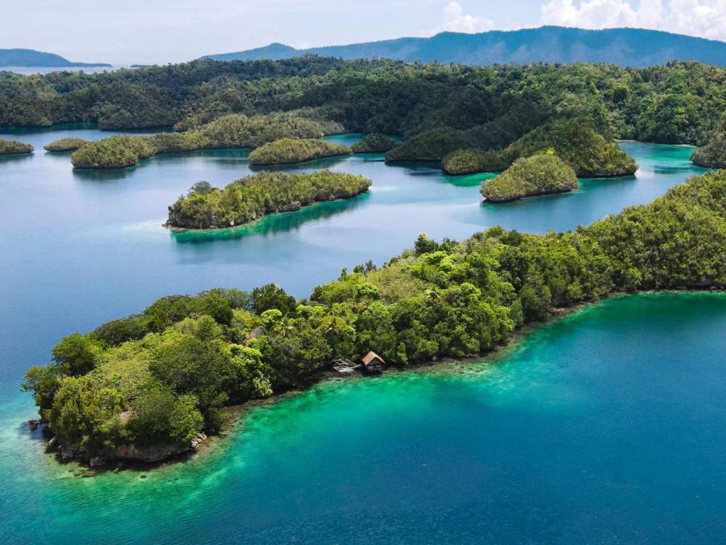 una vista aérea de un grupo de islas en el agua en Shandy Sea, en Besir