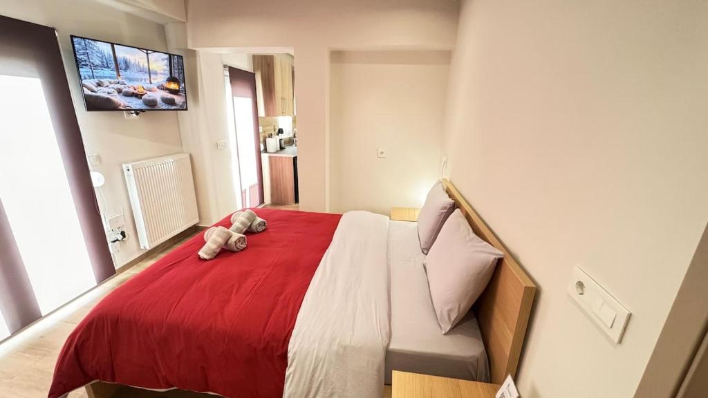 a teddy bear laying on a bed in a room at Karanasiou Apartment in Tríkala
