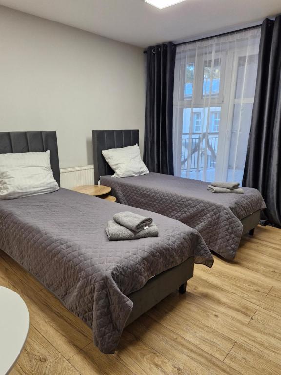 een slaapkamer met twee bedden en een groot raam bij Central Platinum Apartments 5 in Rybnik