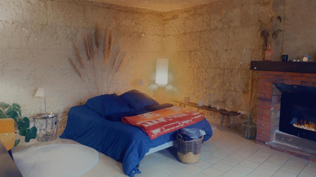 uma cama num quarto com lareira em "Ninho de Amor" troglodyte unique em Montrichard