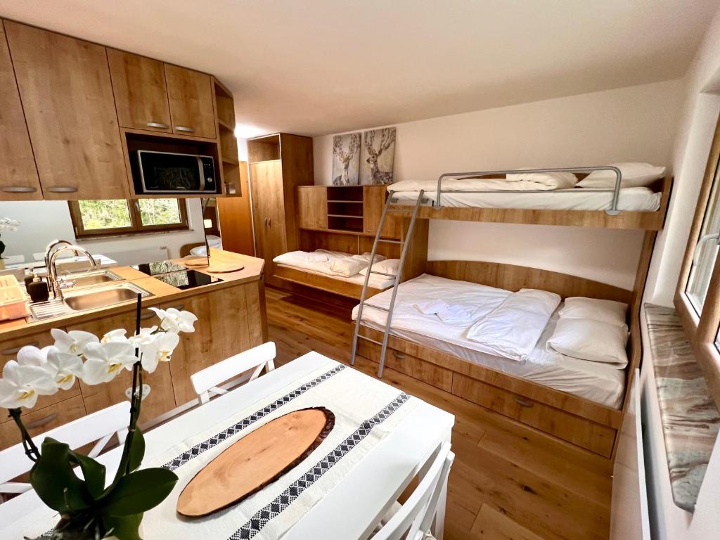 a room with two bunk beds and a kitchen at Sunflower in Kranjska Gora