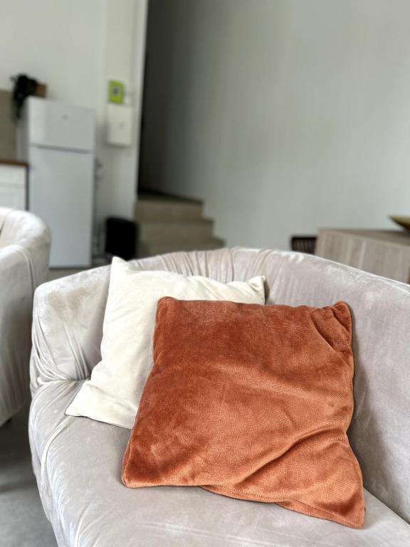 Ein braunes Kissen liegt auf einem weißen Sofa. in der Unterkunft Appart Cosy près de la Gare & Centre ville in Saint-Étienne