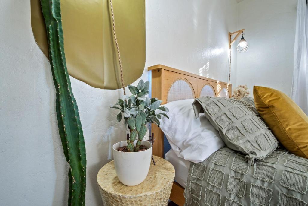 a bedroom with a bed and a potted plant on a table at 1BR Near UofA, Work Desk, Gem Show Friendly in Tucson