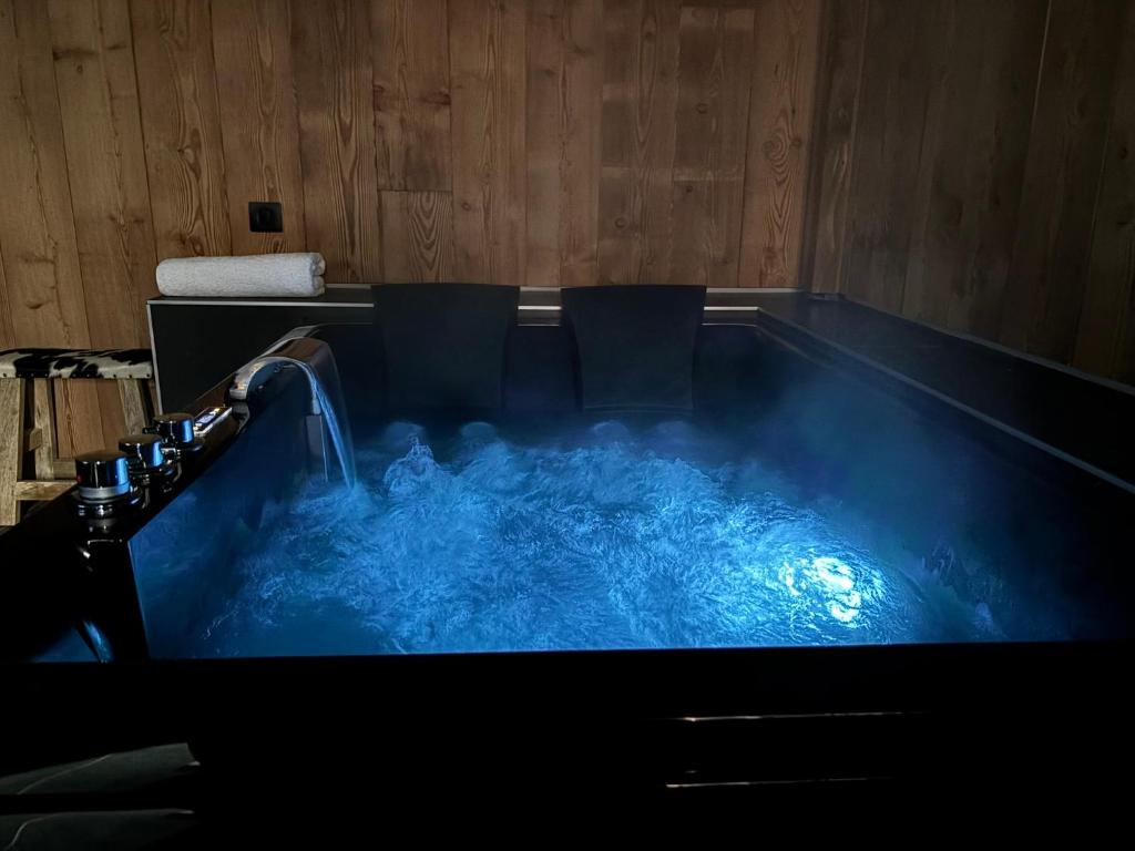 een bad gevuld met blauw water bij L'Oxalis villa, l'Edelweiss in Bonnelles