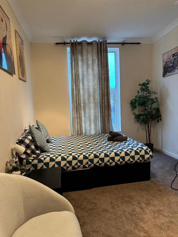 een slaapkamer met een bed en een raam met een kat erop bij Smart Junction in Norwood