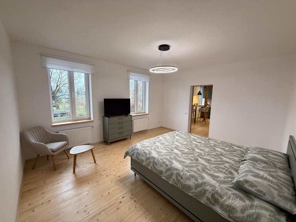 a bedroom with a bed and a tv and a chair at Green apartment in Jelgava