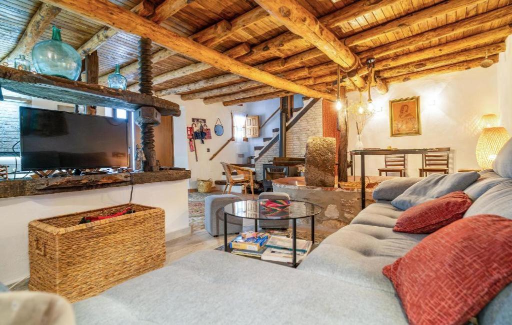 Una sala de estar con un sofá y un televisor. en Impresionante casa molino, en Benadalid