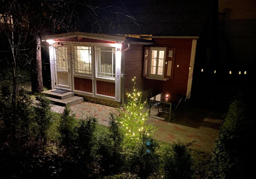 a christmas tree in front of a house at night at Cozy house with fireplace in Jūrmala