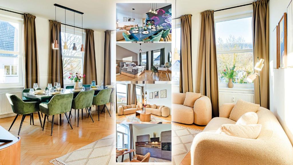 three different views of a living room and dining room at Luxus Apartments - Perfekt für Familien & Gruppen - Zentrale Lage & Parkplatz in Bad Sooden-Allendorf