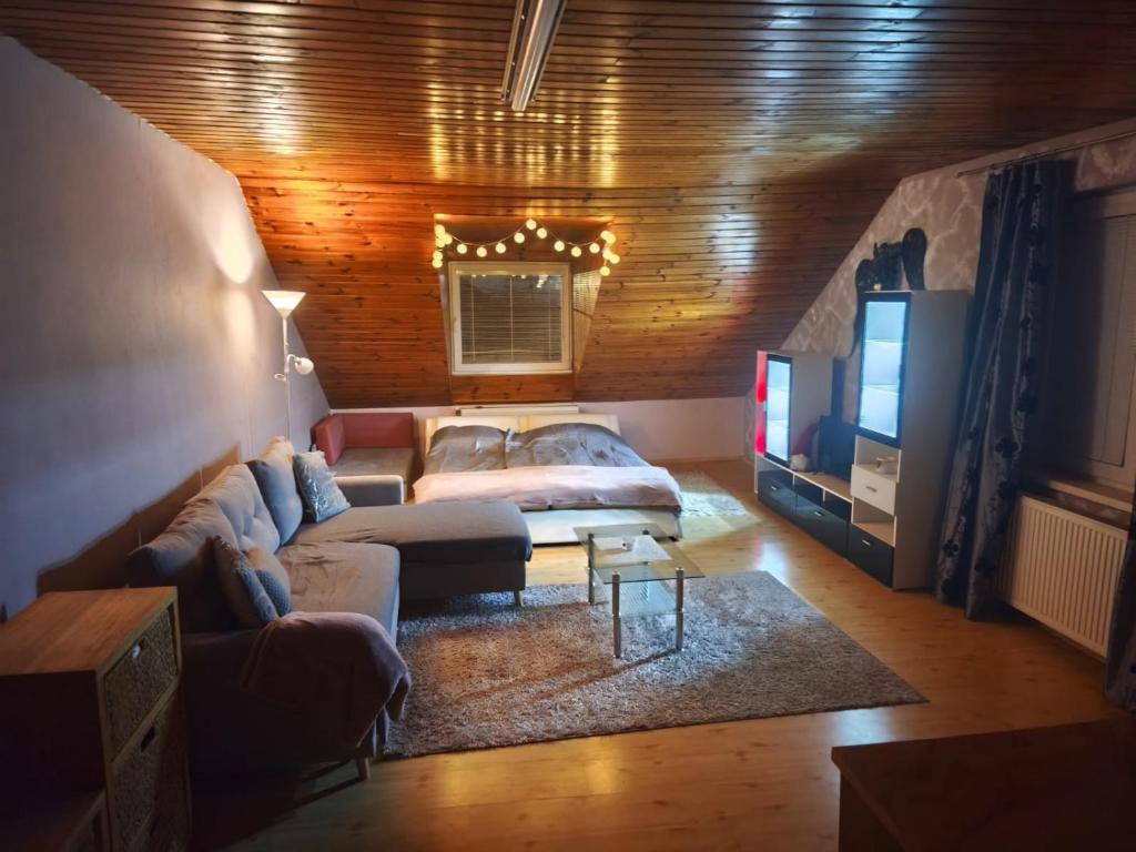 a living room with a couch and a television at Apartmán GRAND Lučenec in Lučenec